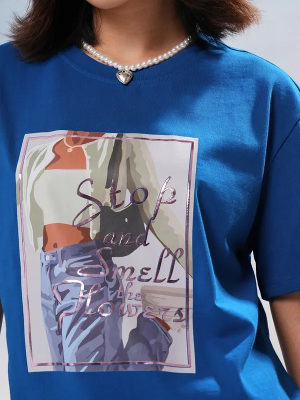 Tokyo Talkies Women Blue Printed Round Neck T-Shirt