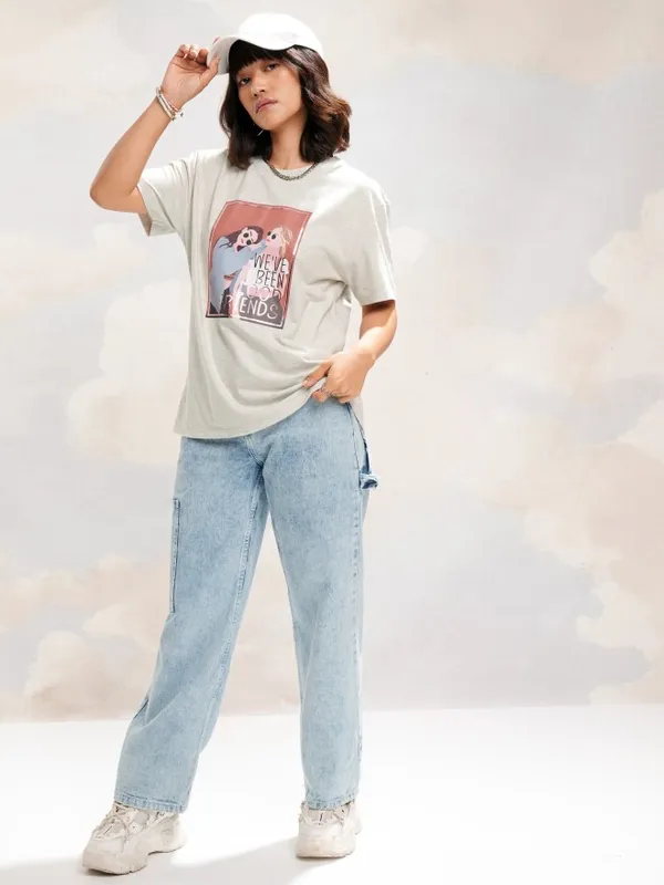 Tokyo Talkies Women Grey Printed Round Neck T-Shirt