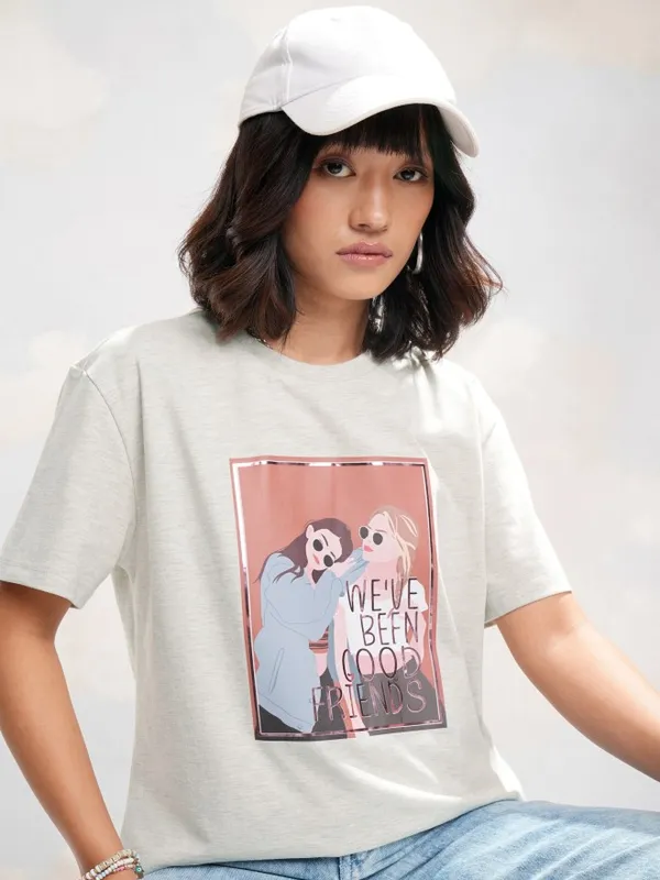Tokyo Talkies Women Grey Printed Round Neck T-Shirt