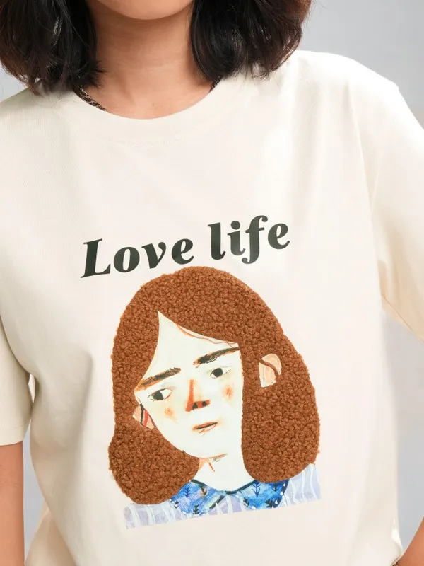 Tokyo Talkies Women Off White Printed Round Neck Relaxed Fit Crop T-Shirt