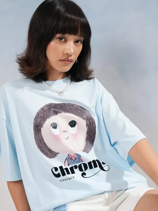 Tokyo Talkies Women Blue Printed Round Neck Oversized Fit T-Shirt