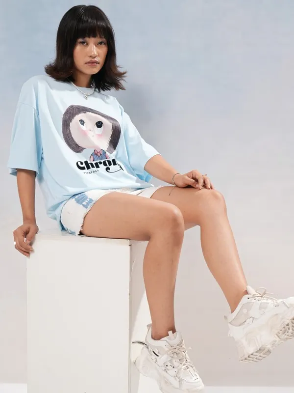 Tokyo Talkies Women Blue Printed Round Neck Oversized Fit T-Shirt