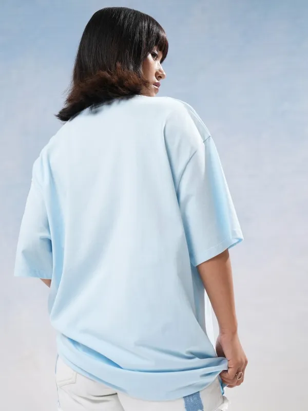 Tokyo Talkies Women Blue Printed Round Neck Oversized Fit T-Shirt