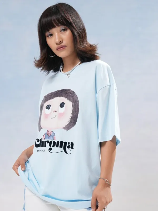Tokyo Talkies Women Blue Printed Round Neck Oversized Fit T-Shirt