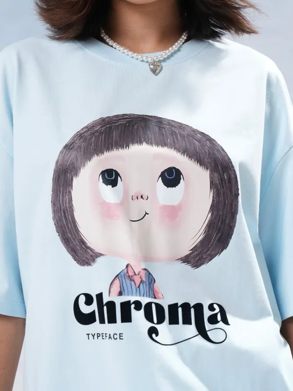 Tokyo Talkies Women Blue Printed Round Neck Oversized Fit T-Shirt