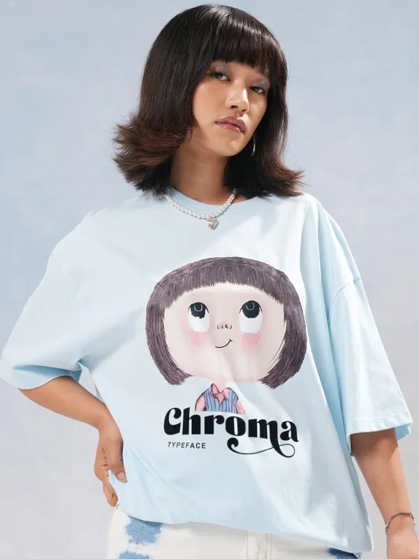 Tokyo Talkies Women Blue Printed Round Neck Oversized Fit T-Shirt