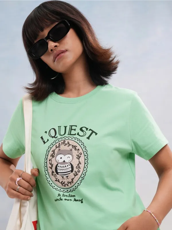 Tokyo Talkies Women Green Printed Round Neck T-Shirt