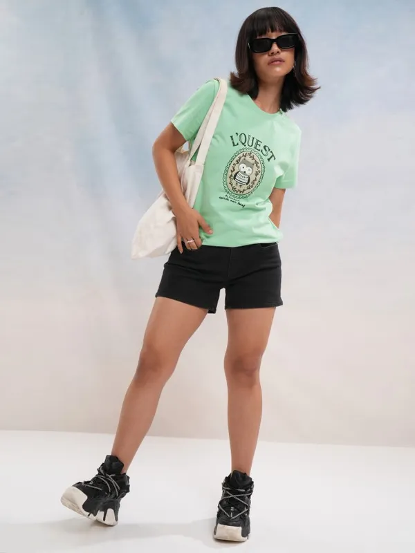 Tokyo Talkies Women Green Printed Round Neck T-Shirt