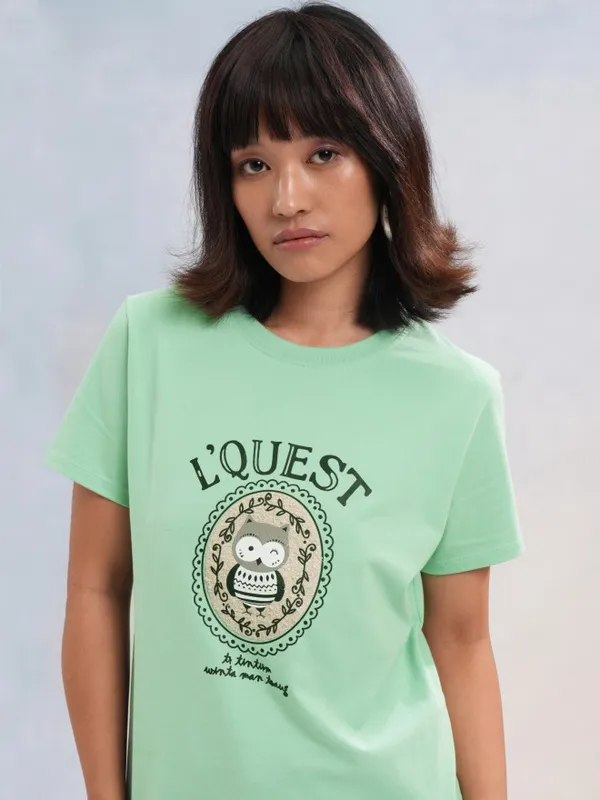 Tokyo Talkies Women Green Printed Round Neck T-Shirt