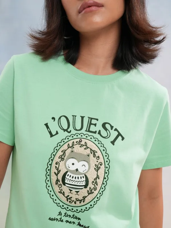 Tokyo Talkies Women Green Printed Round Neck T-Shirt