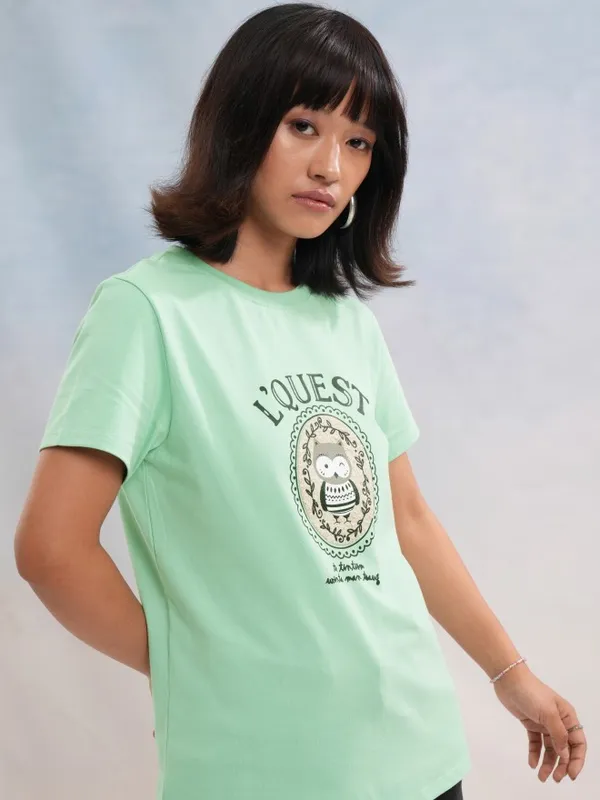 Tokyo Talkies Women Green Printed Round Neck T-Shirt