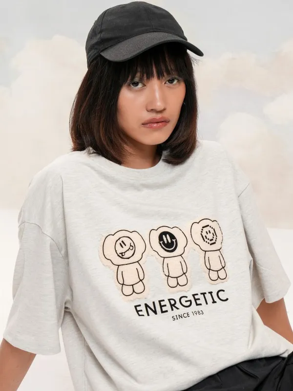 Tokyo Talkies Women Grey Printed Round Neck Oversized Fit T-Shirt