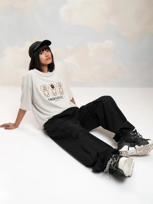 Tokyo Talkies Women Grey Printed Round Neck Oversized Fit T-Shirt