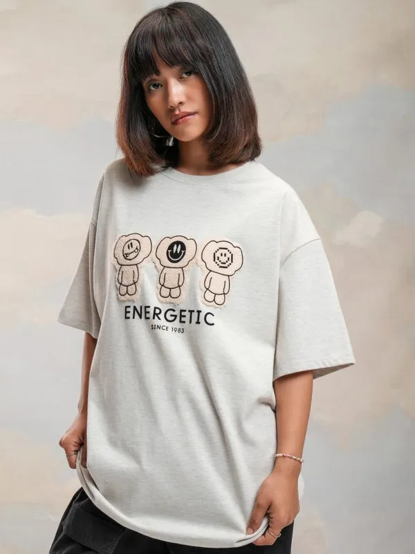 Tokyo Talkies Women Grey Printed Round Neck Oversized Fit T-Shirt