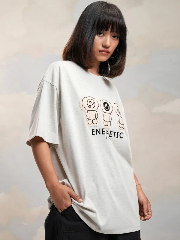 Tokyo Talkies Women Grey Printed Round Neck Oversized Fit T-Shirt