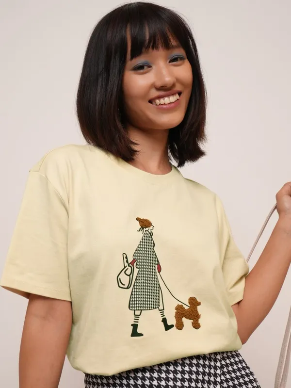 Tokyo Talkies Women Beige Printed Round Neck T-Shirt