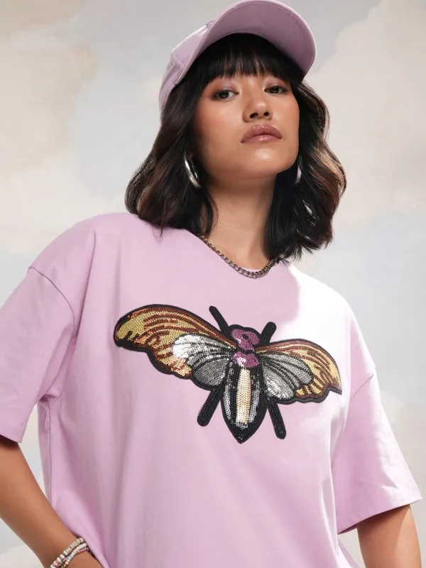 Tokyo Talkies Women Lavender Self Design Round Neck T-Shirt
