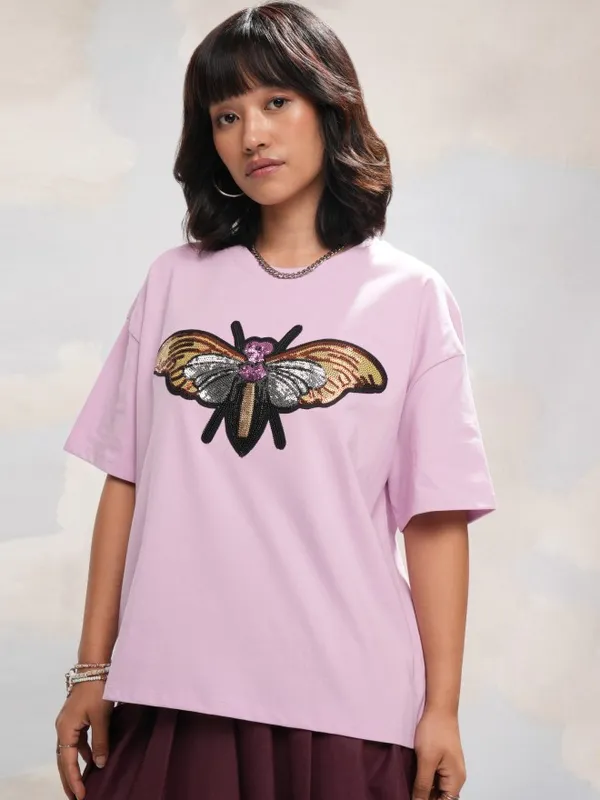 Tokyo Talkies Women Lavender Self Design Round Neck T-Shirt