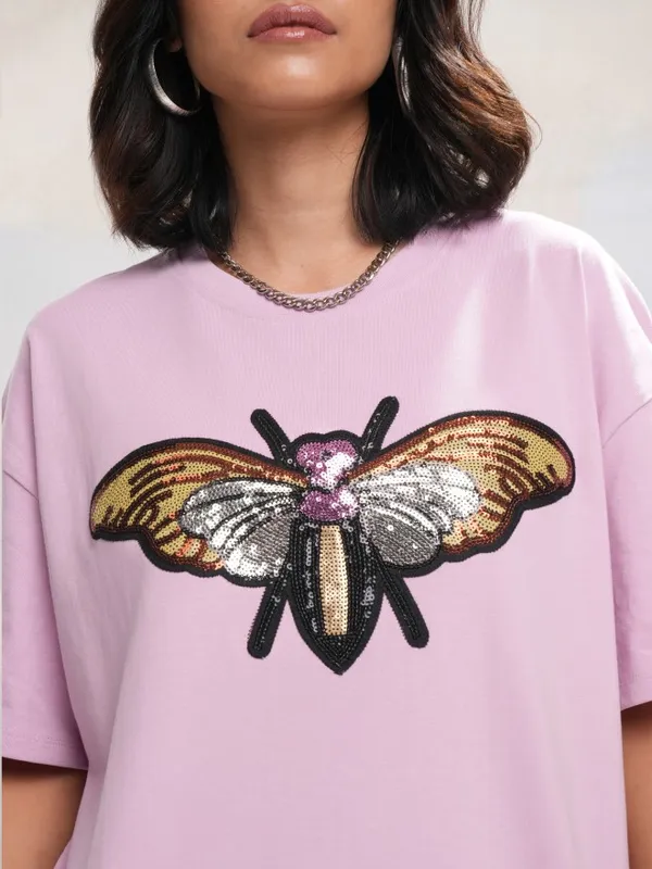 Tokyo Talkies Women Lavender Self Design Round Neck T-Shirt