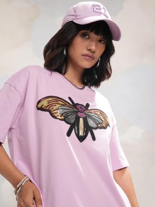 Tokyo Talkies Women Lavender Self Design Round Neck T-Shirt