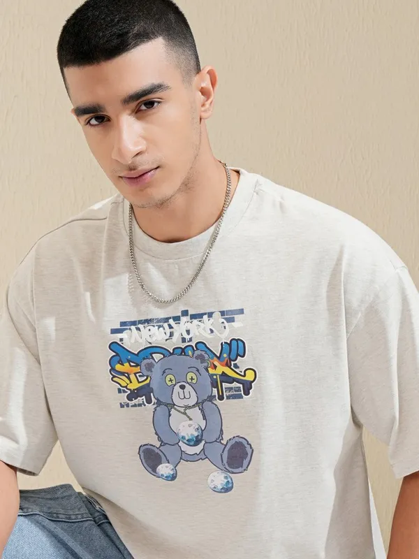 Highlander Men Grey Printed Round Neck Oversized Fit T-Shirt