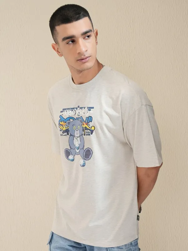 Highlander Men Grey Printed Round Neck Oversized Fit T-Shirt