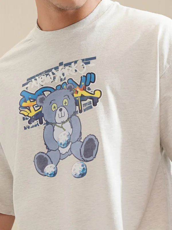 Highlander Men Grey Printed Round Neck Oversized Fit T-Shirt