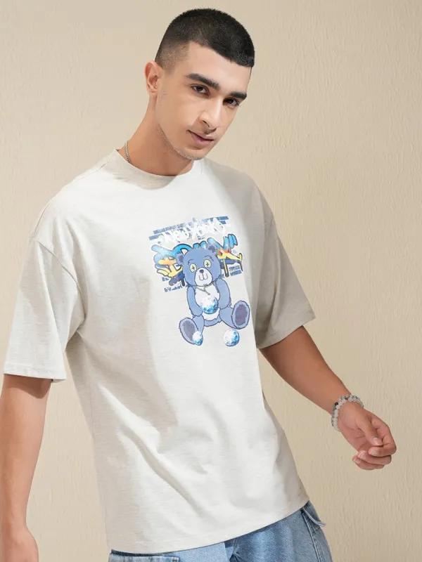 Highlander Men Grey Printed Round Neck Oversized Fit T-Shirt