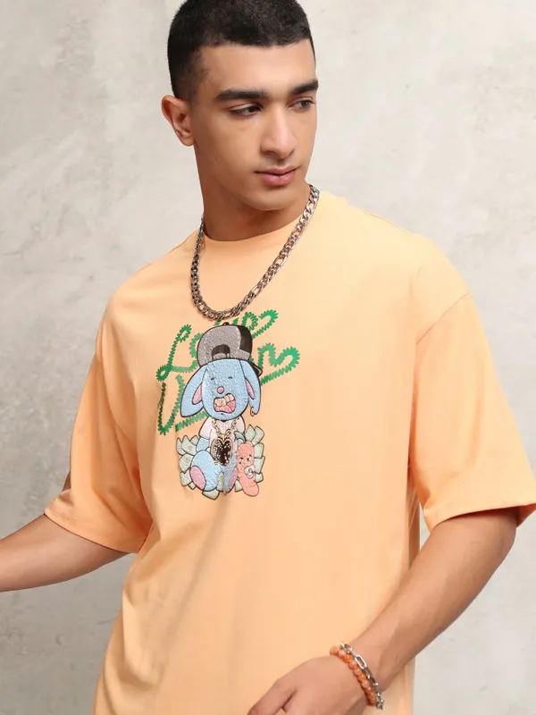 Highlander Men Peach Self Design Round Neck Oversized Fit T-Shirt