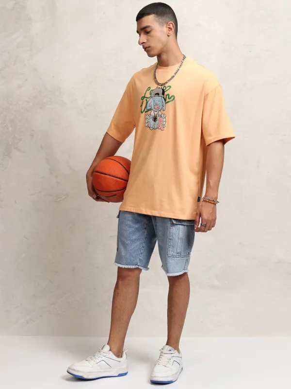 Highlander Men Peach Self Design Round Neck Oversized Fit T-Shirt
