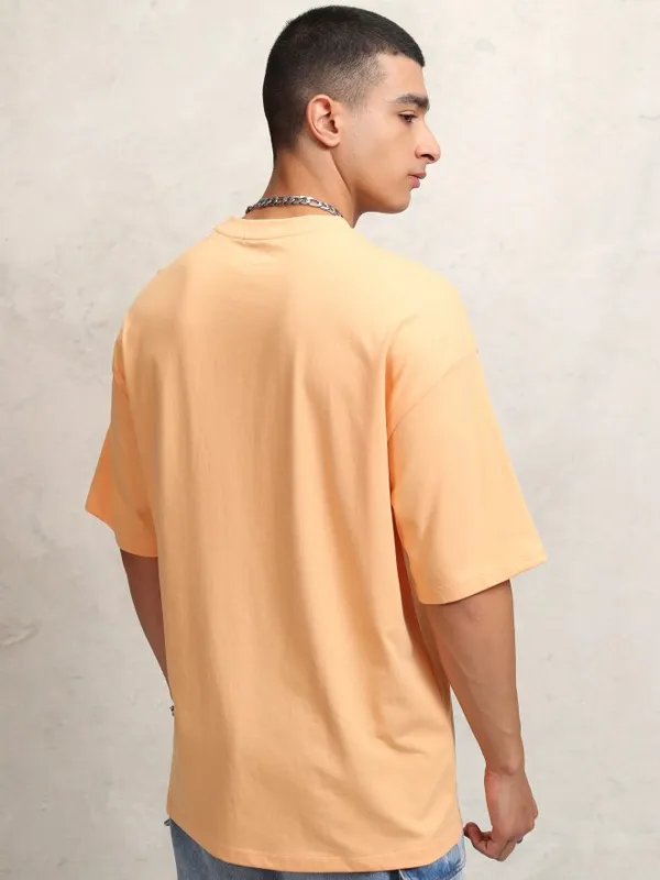 Highlander Men Peach Self Design Round Neck Oversized Fit T-Shirt