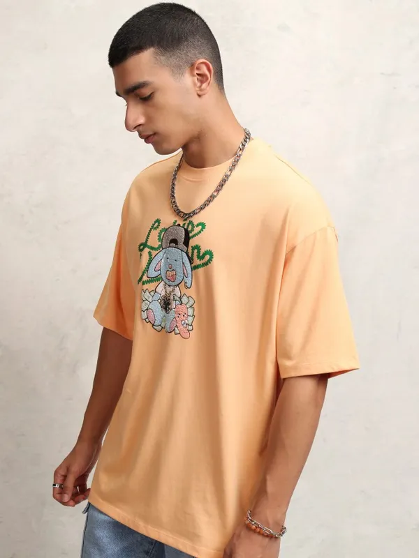 Highlander Men Peach Self Design Round Neck Oversized Fit T-Shirt