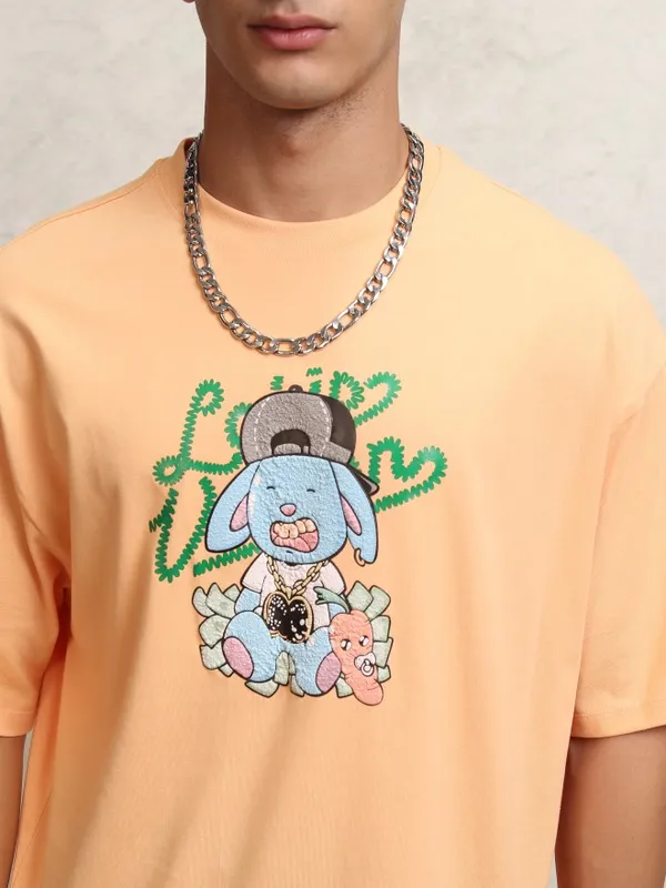 Highlander Men Peach Self Design Round Neck Oversized Fit T-Shirt