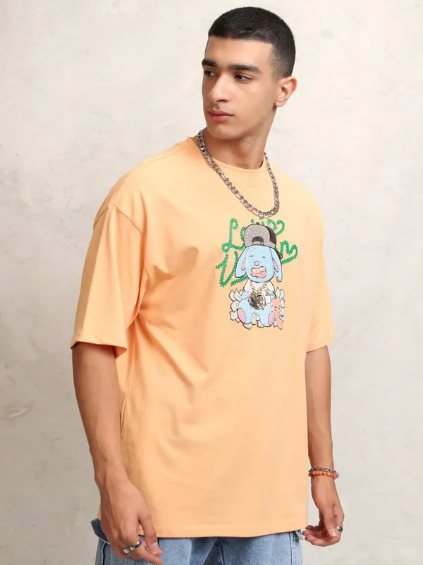 Highlander Men Peach Self Design Round Neck Oversized Fit T-Shirt