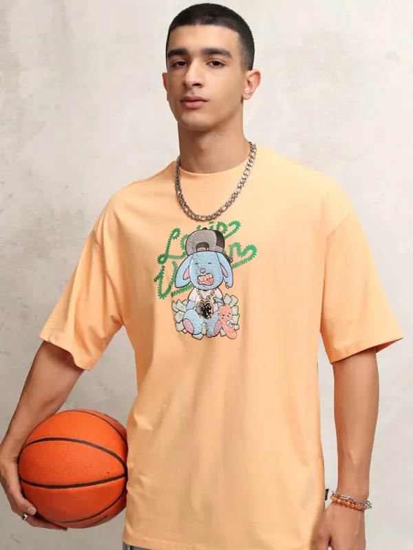 Highlander Men Peach Self Design Round Neck Oversized Fit T-Shirt