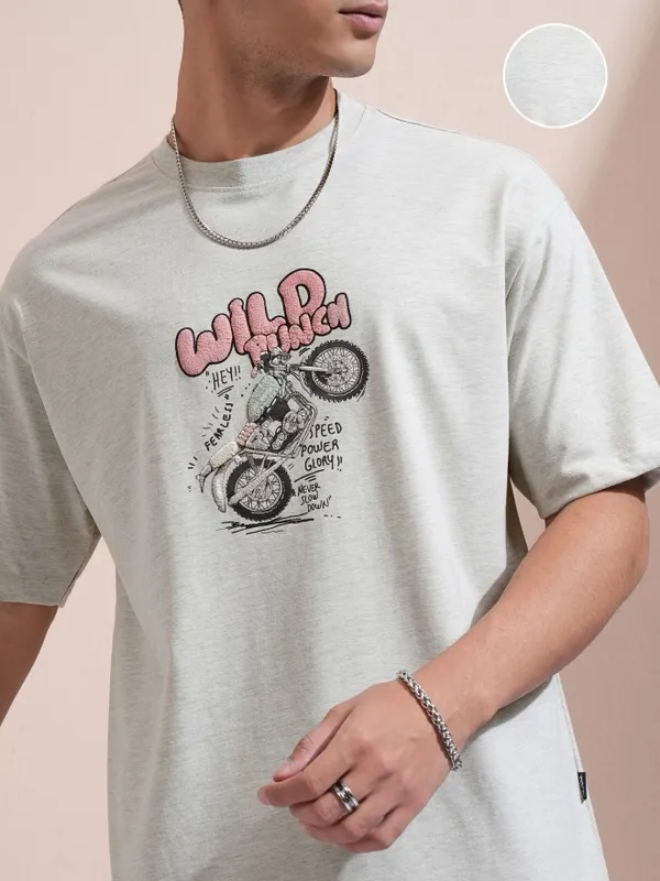 Highlander Men Grey Printed Round Neck Relaxed Fit T-Shirt