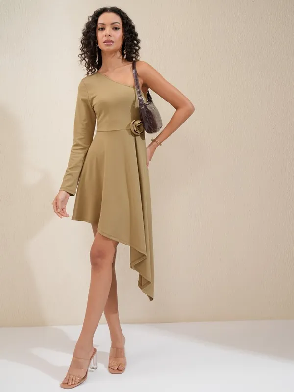 Tokyo Talkies Women Khaki Solid Fit and Flare Dress