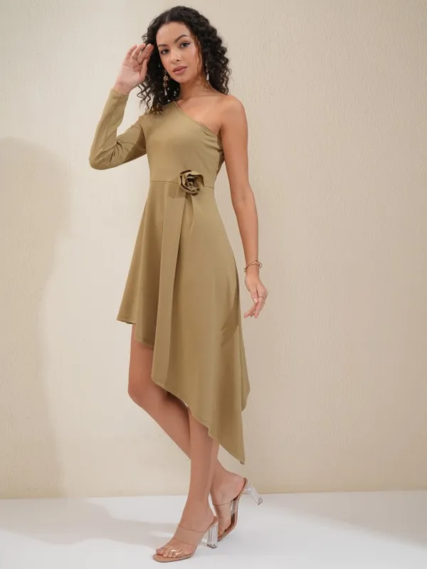 Tokyo Talkies Women Khaki Solid Fit and Flare Dress