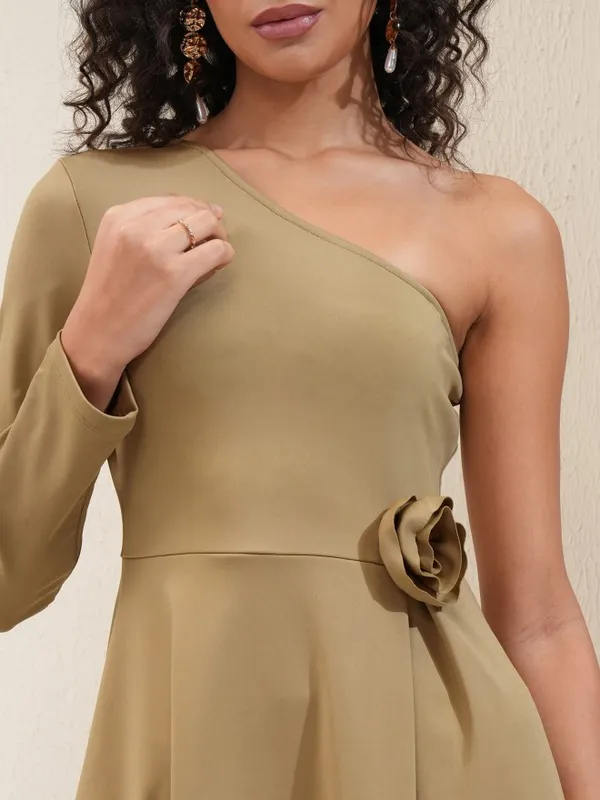 Tokyo Talkies Women Khaki Solid Fit and Flare Dress