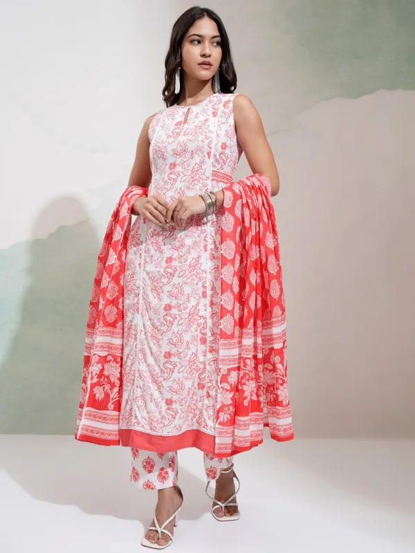 Vishudh Women White & Red Printed Round Neck Kurta With Regular Pant And Dupatta