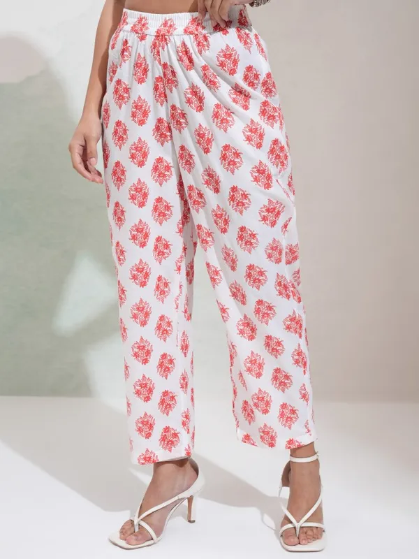 Vishudh Women White & Red Printed Round Neck Kurta With Regular Pant And Dupatta