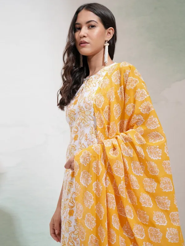 Vishudh Women White & Yellow Printed Round Neck Kurta With Regular Pant And Dupatta