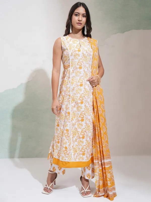 Vishudh Women White & Yellow Printed Round Neck Kurta With Regular Pant And Dupatta