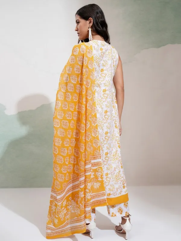 Vishudh Women White & Yellow Printed Round Neck Kurta With Regular Pant And Dupatta