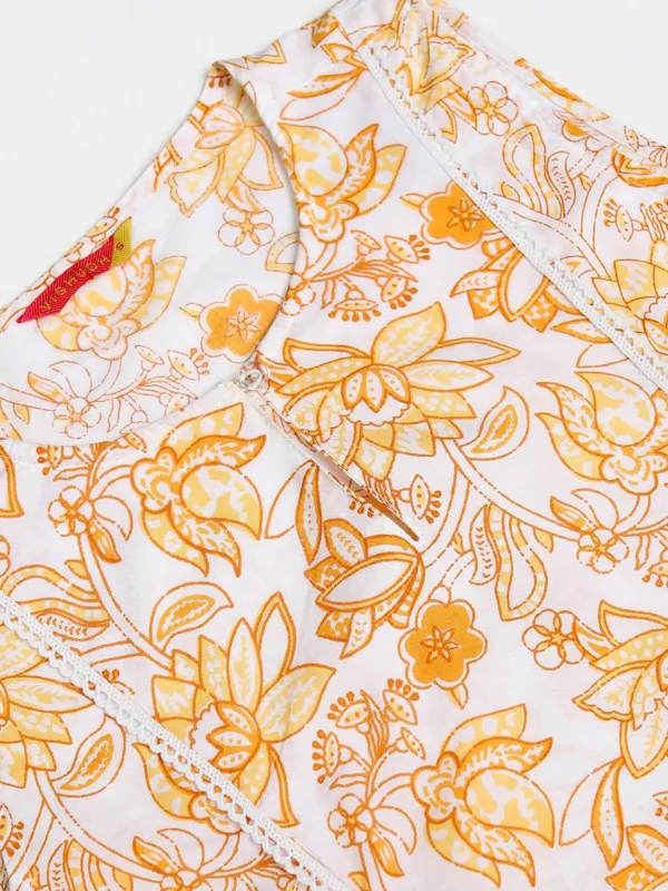 Vishudh Women White & Yellow Printed Round Neck Kurta With Regular Pant And Dupatta