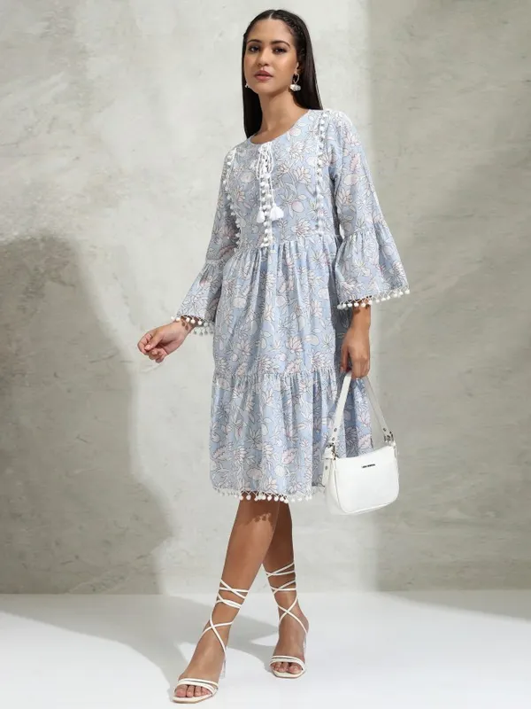 Vishudh Women Blue Printed A-Line Dress