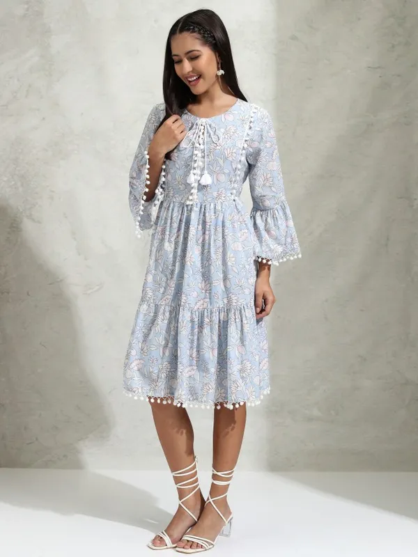 Vishudh Women Blue Printed A-Line Dress