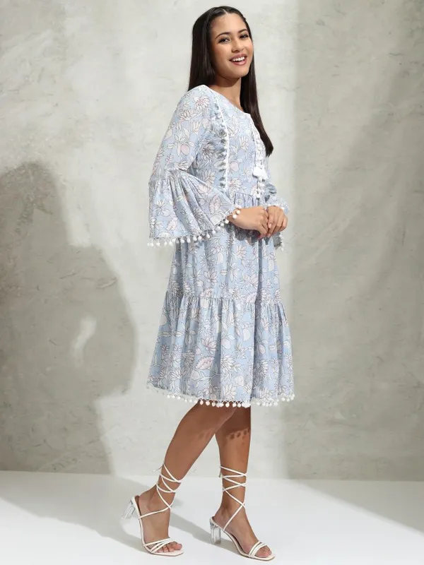 Vishudh Women Blue Printed A-Line Dress