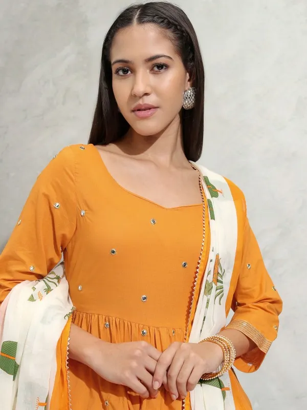 Vishudh Women Orange Embroidered Gathered Kurta With Slim Pants & Dupatta