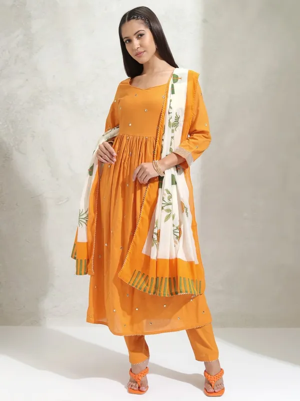 Vishudh Women Orange Embroidered Gathered Kurta With Slim Pants & Dupatta